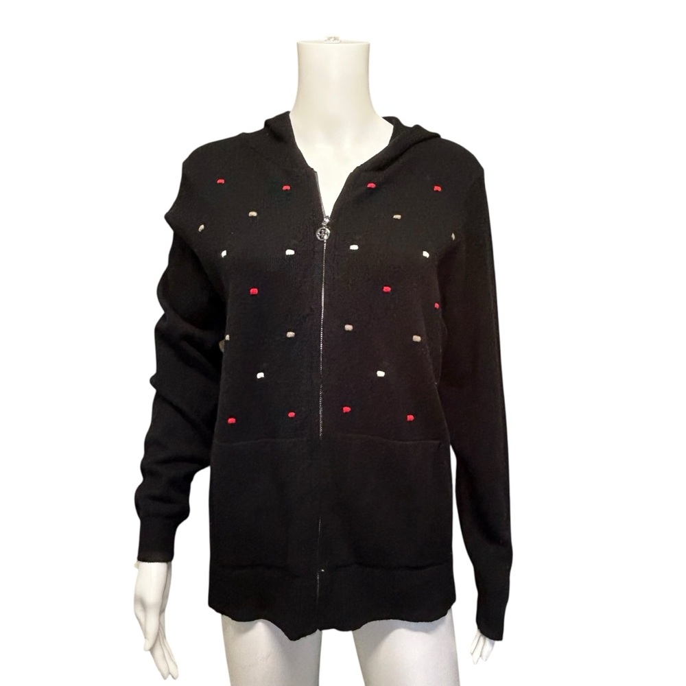 Renuar Black Red White Embroidered Polka Dot Hoodie Cardigan Size S